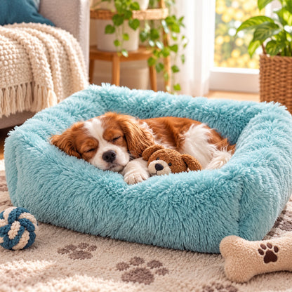 Panier anti-stress bleu turquoise avec un petit chien roux et blanc endormi contre une peluche