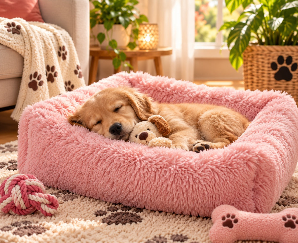 Panier anti-stress rose à poils longs avec un chiot doré endormi contre sa peluche