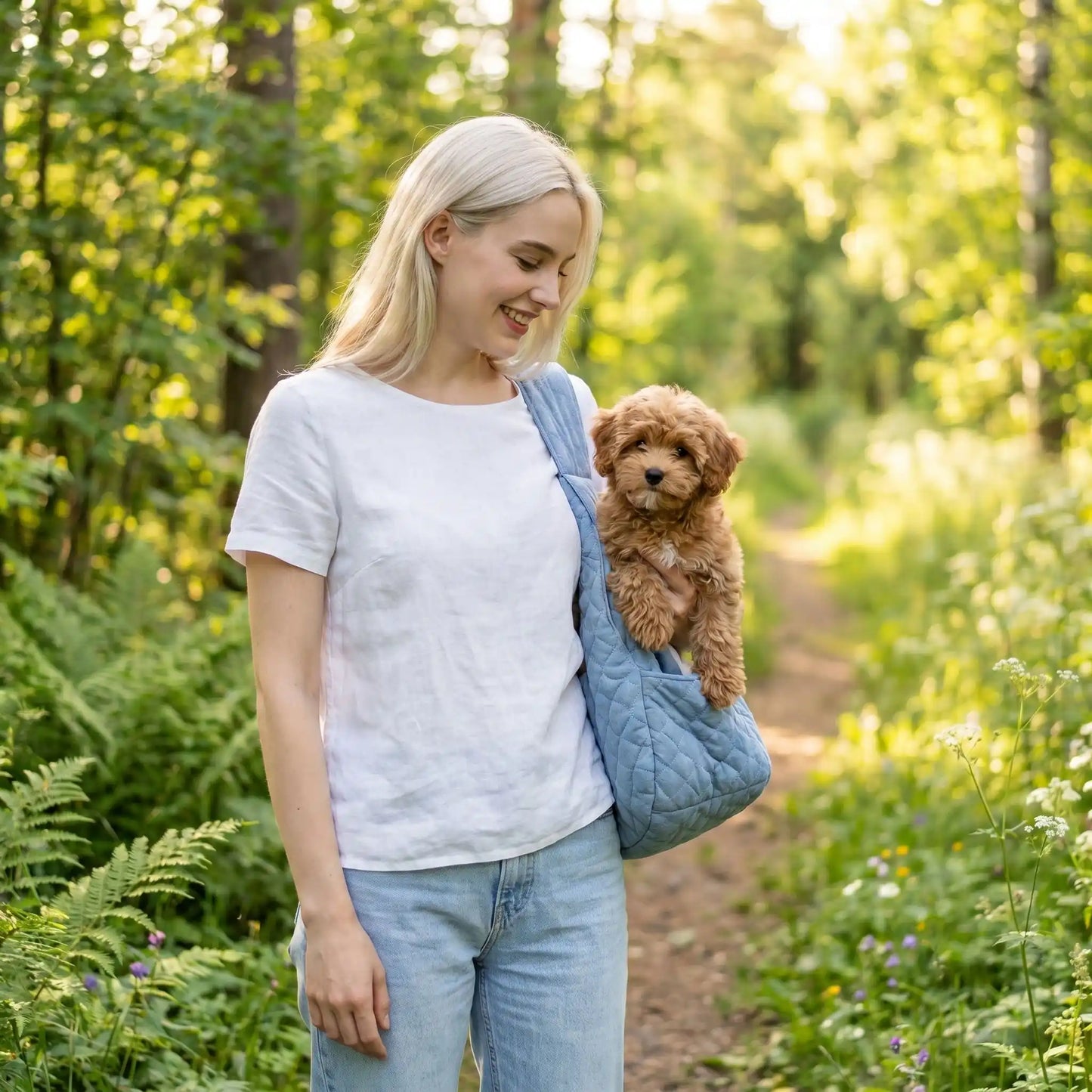 	Sac de transport chien bleu porté par une femme – mains libres en promenade
