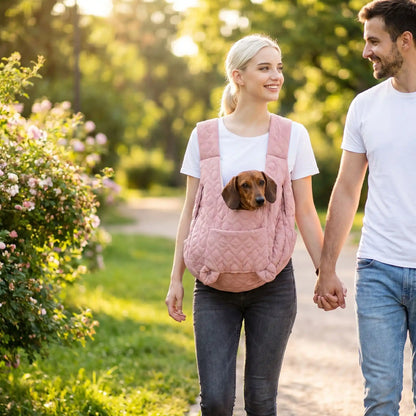 	Sac de transport chien rose porté par un couple – confort et style