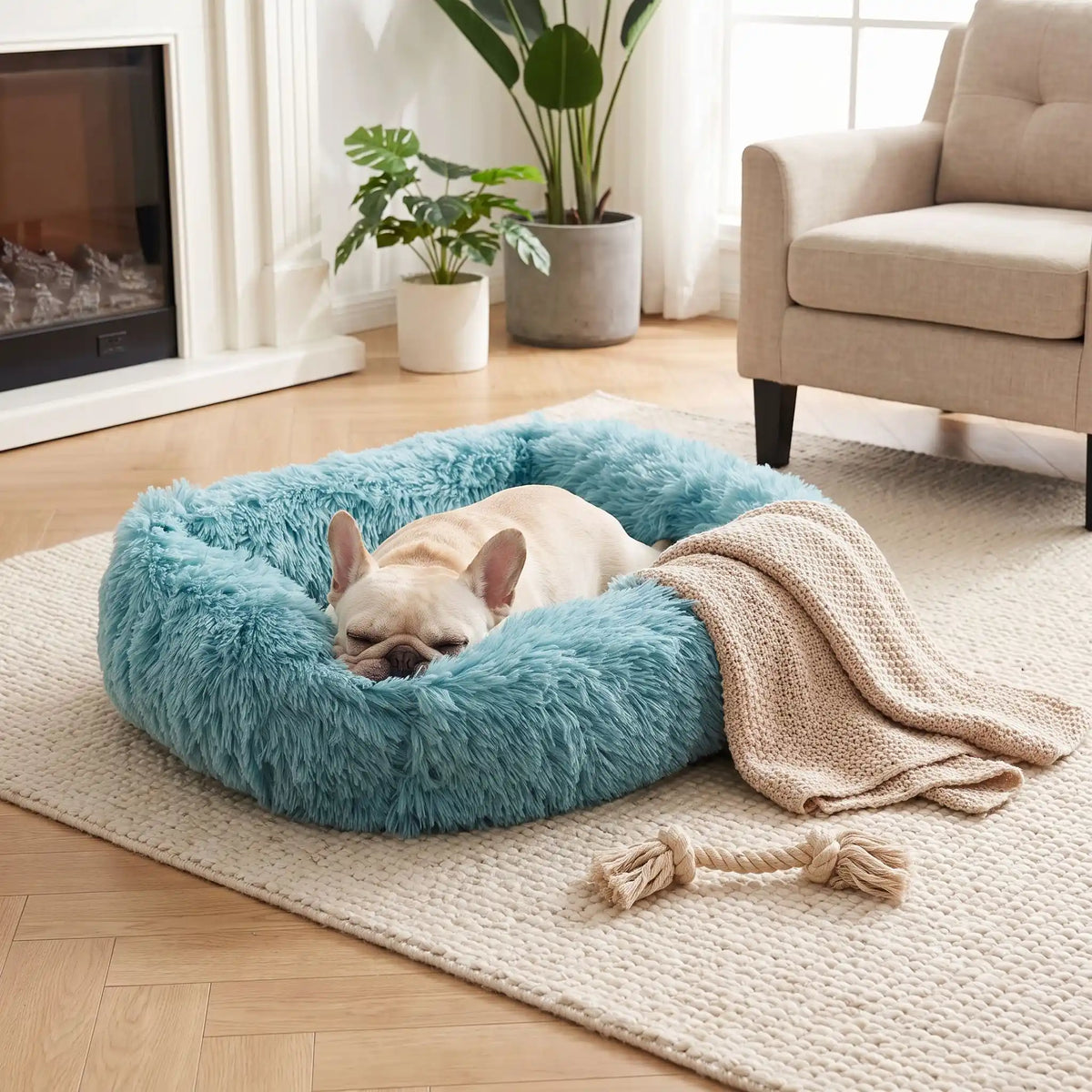 Panier anti-stress bleu turquoise avec un bouledogue français endormi et un plaid beige