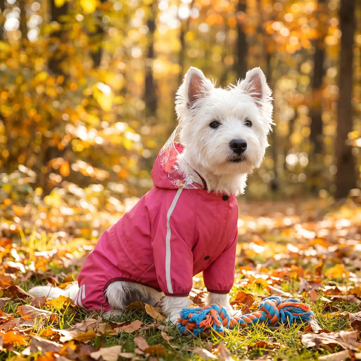 Manteau pour chien rose à bandes réfléchissantes porté par un petit chien blanc en forêt en automne