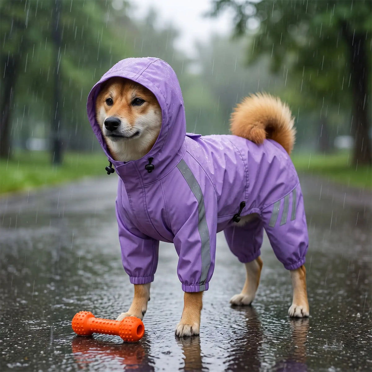 Manteau pour chien violet à capuche et bandes réfléchissantes porté par un shiba inu sous la pluie