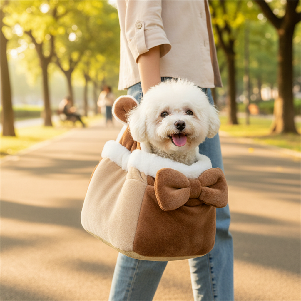 Sac transport chien brun - Bichon Frisé en promenade dans un parc ensoleillé