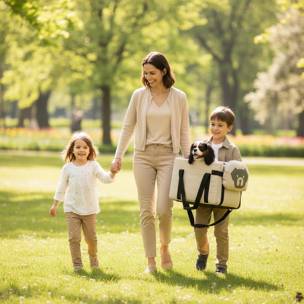 Famille avec sac de transport pour chien beige en extérieur