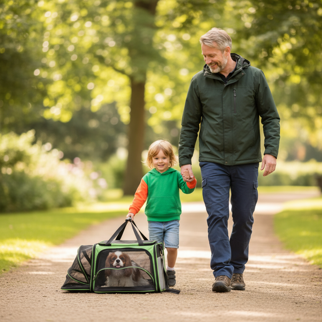 Famille avec sac de transport pour chien – parent et enfant en balade