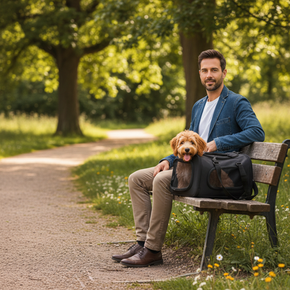 Sac de transport pour chien noir – moment détente au parc avec chien