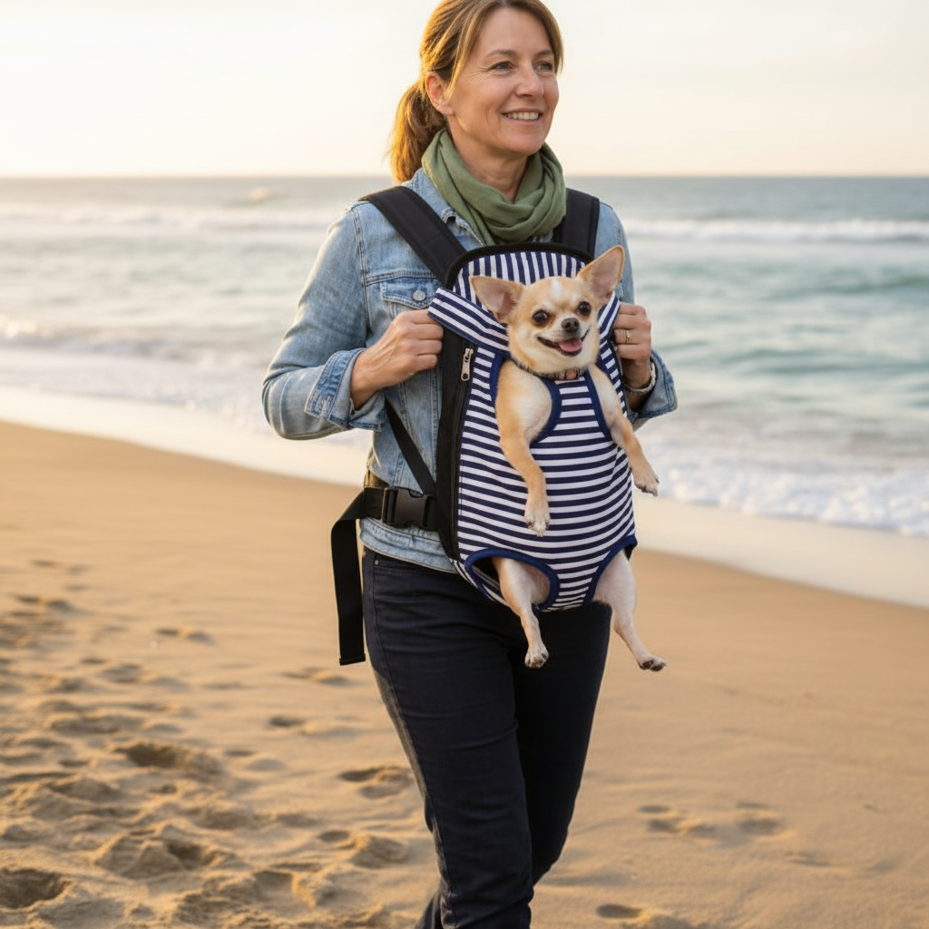 Sac de transport chien Rayures marines – chihuahua à la plage