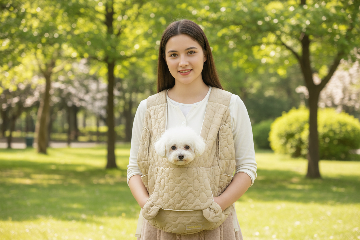 Sac de transport chien beige porté en extérieur dans un parc – mains libres – Galaxie Canine
