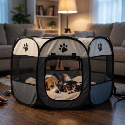 Parc pour chien gris et beige avec parois en filet, un beagle et des chiots couchés dans un salon.