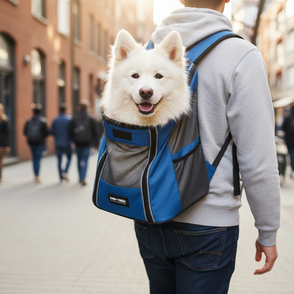 Samoyède dans sac à dos bleu